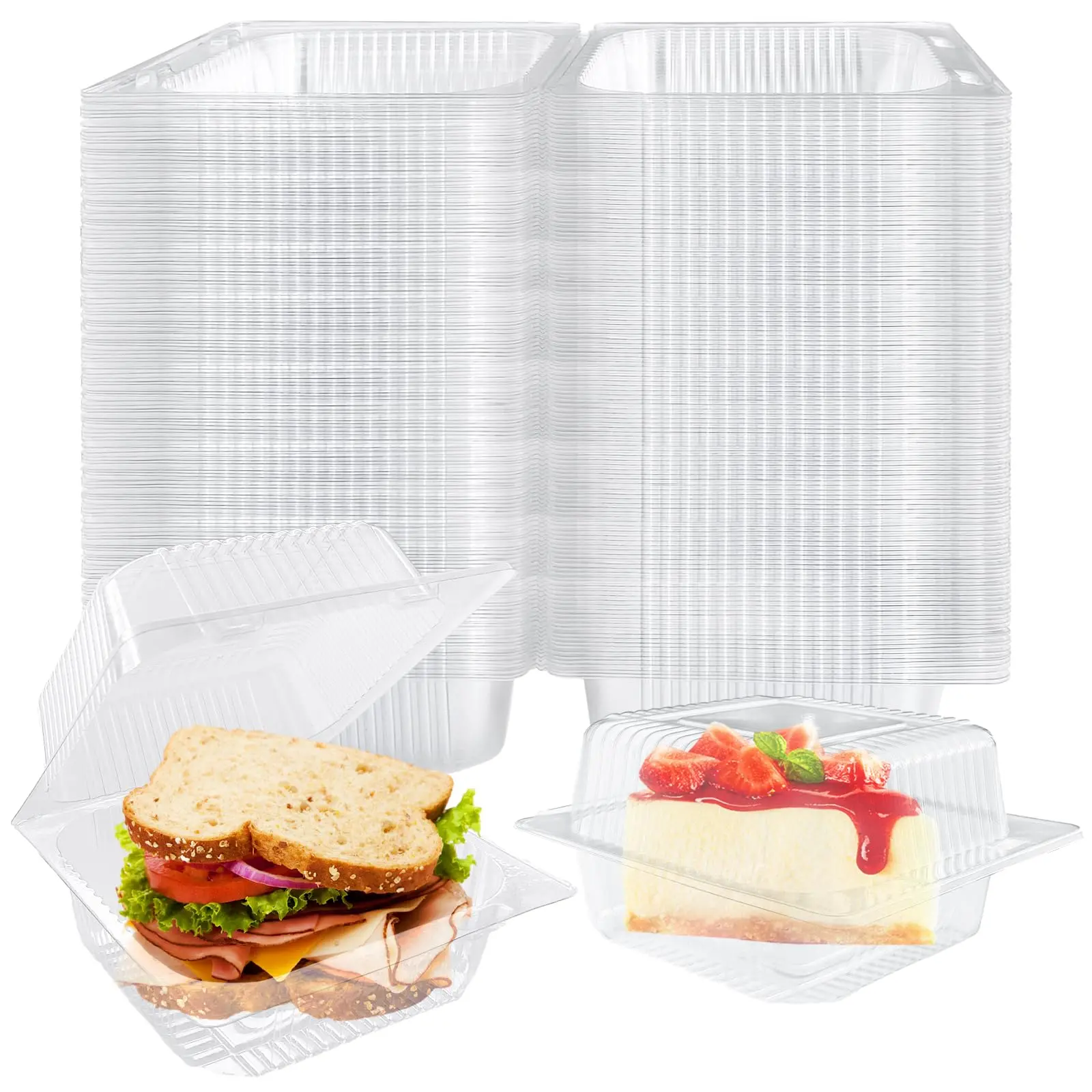 Transparent Plastic Container with Lid, Lightweight Individual Cake Slice Holder, Square Food Storage, Disposable Flip-Top Clear Containers for Cakes, Cookies, Pasta, Sandwiches, Salad, Desserts