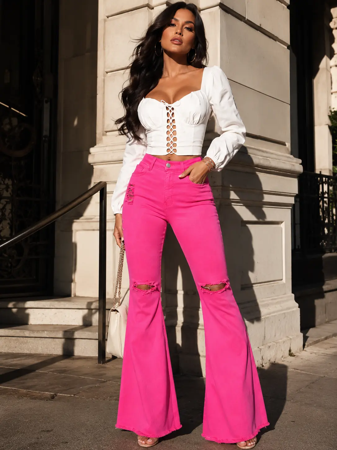 Women’s Pink High Waisted Ripped Flare Jeans, Distressed Knee Bell Bottom Denim Pants, Slim Fit Wide Leg Y2K Jeans for Casual Streetwear Going Out
