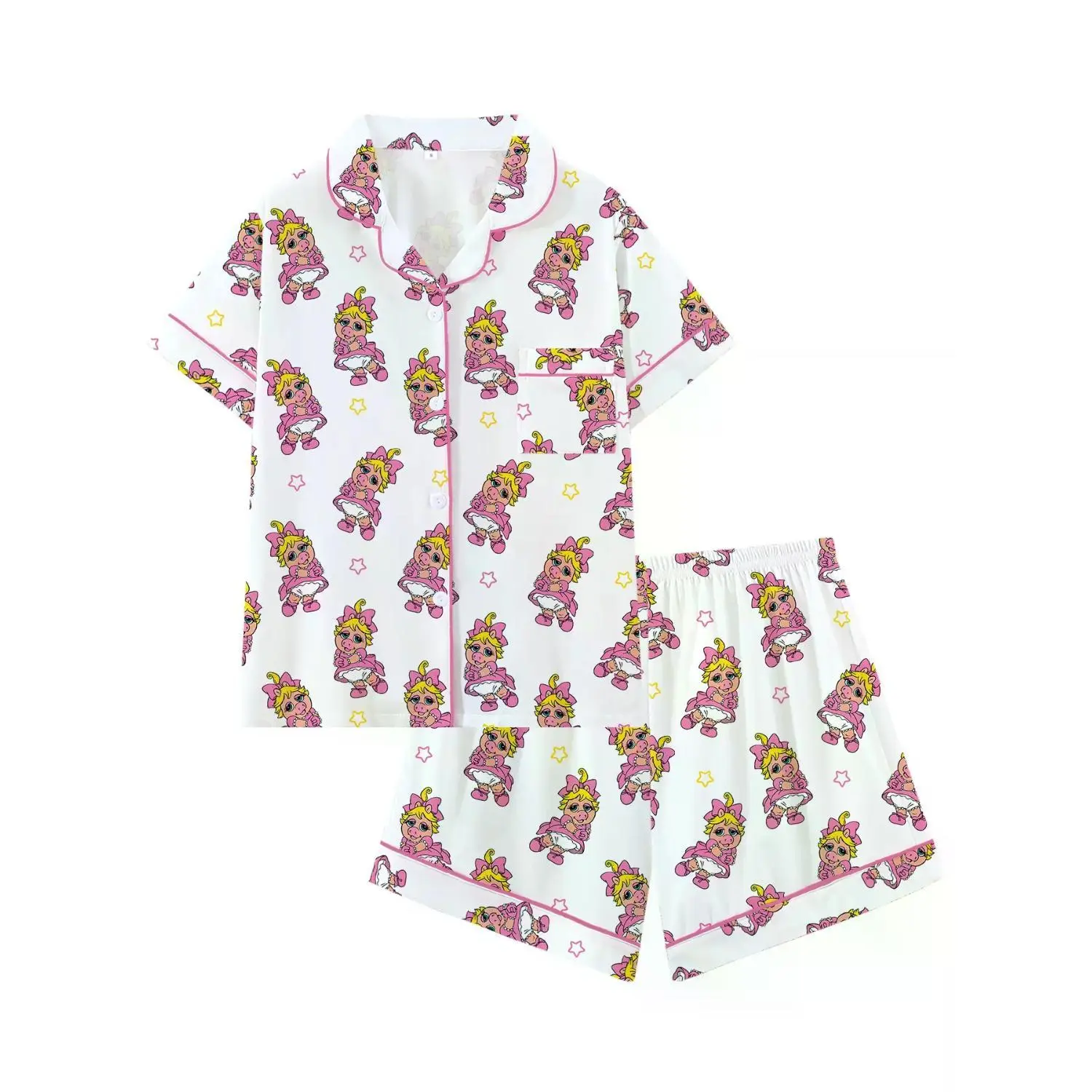 Women's Adorable Piggy Print Loose Pajama Set, Short Sleeve Open-Front Two-Piece Sleepwear with Cartoon Piggy and Trim Details