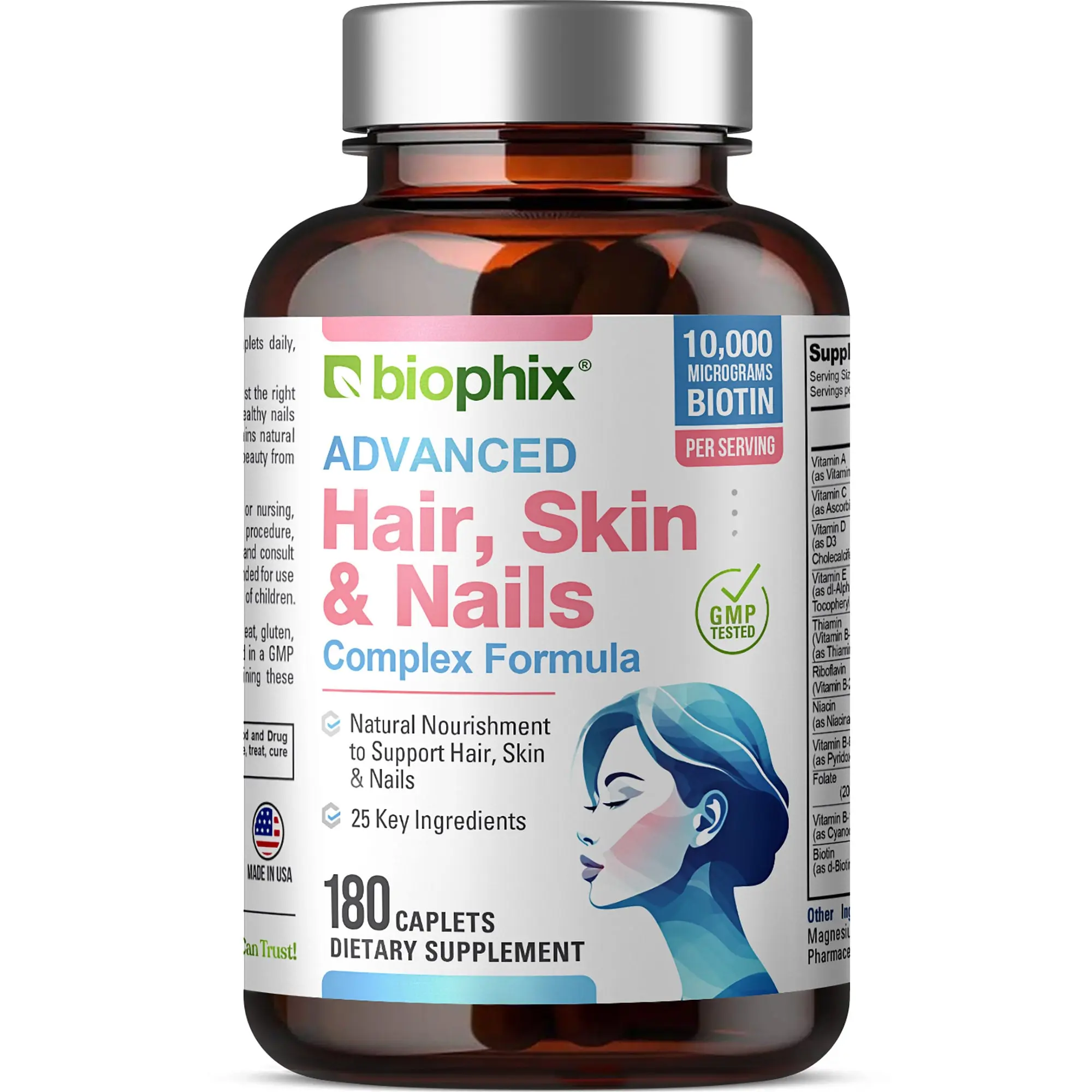 Biophix Advanced Hair Skin & Nails Complex Formula 180 Caplets with 10,000 mcg Biotin for Strong Nails Beautiful Hair Healthy Aging Made in USA - Healthcare