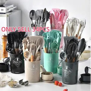 Silicone Kitchen Utensils Set, 34pcs/set Non-stick Baking Utensils Set with Wooden Handle, Cooking Utensils Set for Home Kitchen, Silicone Spatula Set