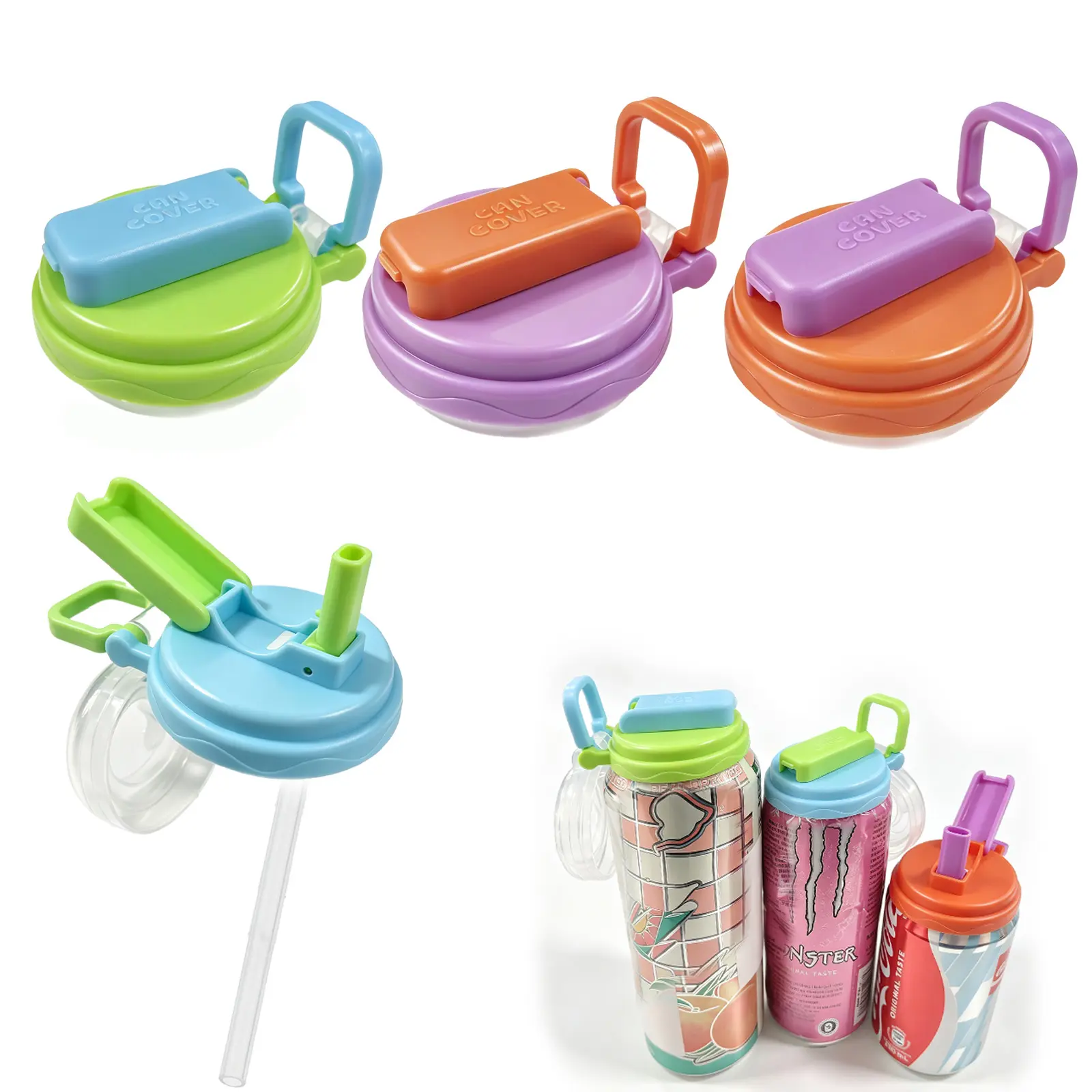 4-Pieces Reusable Beverage Can Lid and Straw Set, Polypropylene Drink Cover, Colorful, No Opener Needed, With Straw Storage Case, 2 Lengths for Various Height Cans, Home Supplies Cup Holder Accessory