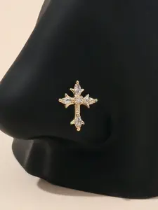 Fashion L-Shaped Nose Studs, Shiny Cz Cross Design, Sexy Floral Pattern, Stainless Steel Material, Available in Silver & Gold Colors, Body Jewelry