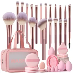 37PCS All-in-One Makeup Tools Set, Waterproof Multi-Functional Zipper Cosmetic Bag, 20PCS Makeup Brushes, Makeup Sponges, Mini Sponges, Triangle, Mini & Circular Powder Puffs with Makeup Brush Cleaning Tool, Portable Travel Beauty Kit