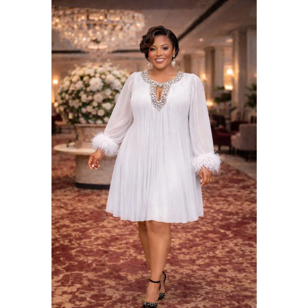 Classy White Rhinestone Embellished Feathered Pleated Twirl Skater Midi Dress, Summer Wedding Guest Outfit Birthday Party Cocktail