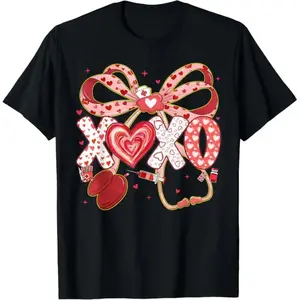 Stethoscope Valentine RN PCT CNA Nurse Red Bow Women T-Shirt