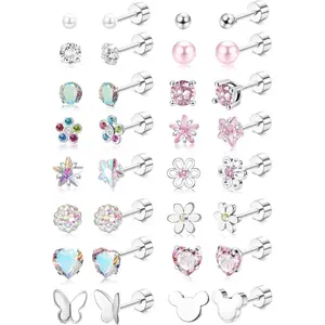 CASSIECA 16 Pairs Screw Back Earrings for Women Hypoallergenic 316L Stainless Steel CZ Pearl Ball Heart Flower Screwback Flat Back Stud Earrings Jewelry Gift Women Multicolored Pink