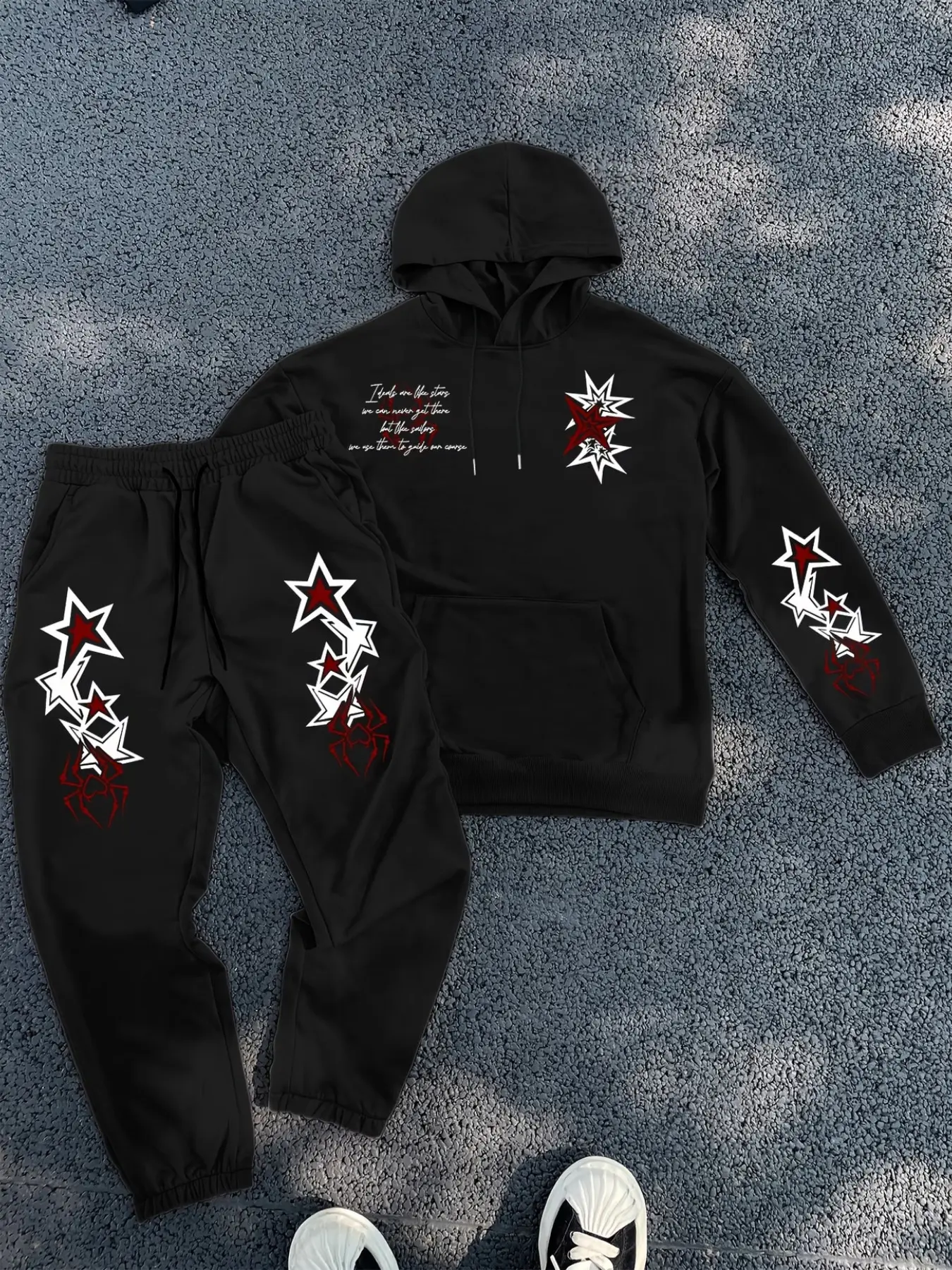 Men's Fall Winter Spider Print Hoodie Set, Loose Shoulder Cut, Jogger Pants, Casual Fitted Style, Comfortable and Relaxed Fit