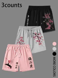 Viral TikTok Men's Cherry Blossom Print Shorts, Japanese Art Butterfly Print Streetwear Shorts, Elastic Drawstring Waist Breathable Casual Shorts, Loose Fit Summer Gym Running Shorts for Men, Trendy Floral Plum Blossom Aesthetic Shorts