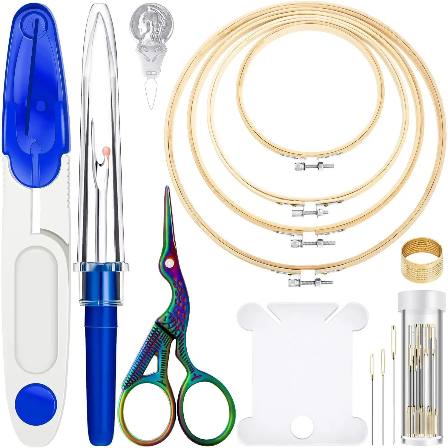 53-Piece Beginner Embroidery Starter Kit with Cross Stitch Hoops, Needles, Embroidery Scissors, Floss, Seam Ripper, Thimbles, Storage Box for Adults - Home Improvement Quilting Crafting Supplies