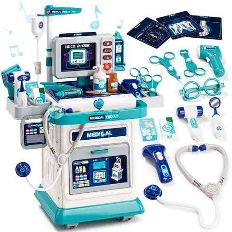 Lehoo Castle Child-Sized BPA-Free Doctor Role Play Indoor Playset, Mobile Medical Cart with Lights & Sound Effects, 4 Replaceable Cards, Toys for Toddlers 3-5 Years Old, Birthday & Christmas Gifts for Kids