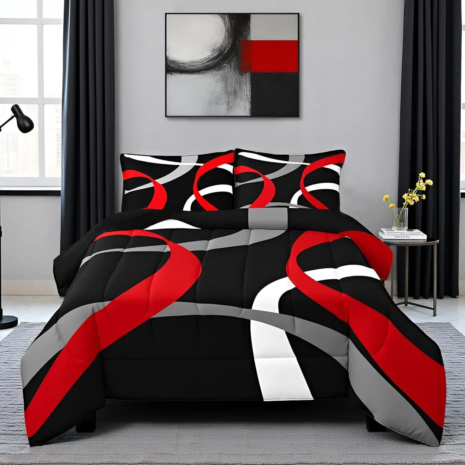 Red Grey Black Comforter Set,Geometric Striped Quilt Set Abstract Artistic Bedding Sets Women Adult Bedroom Decor,Black Swirl Duvet Insert