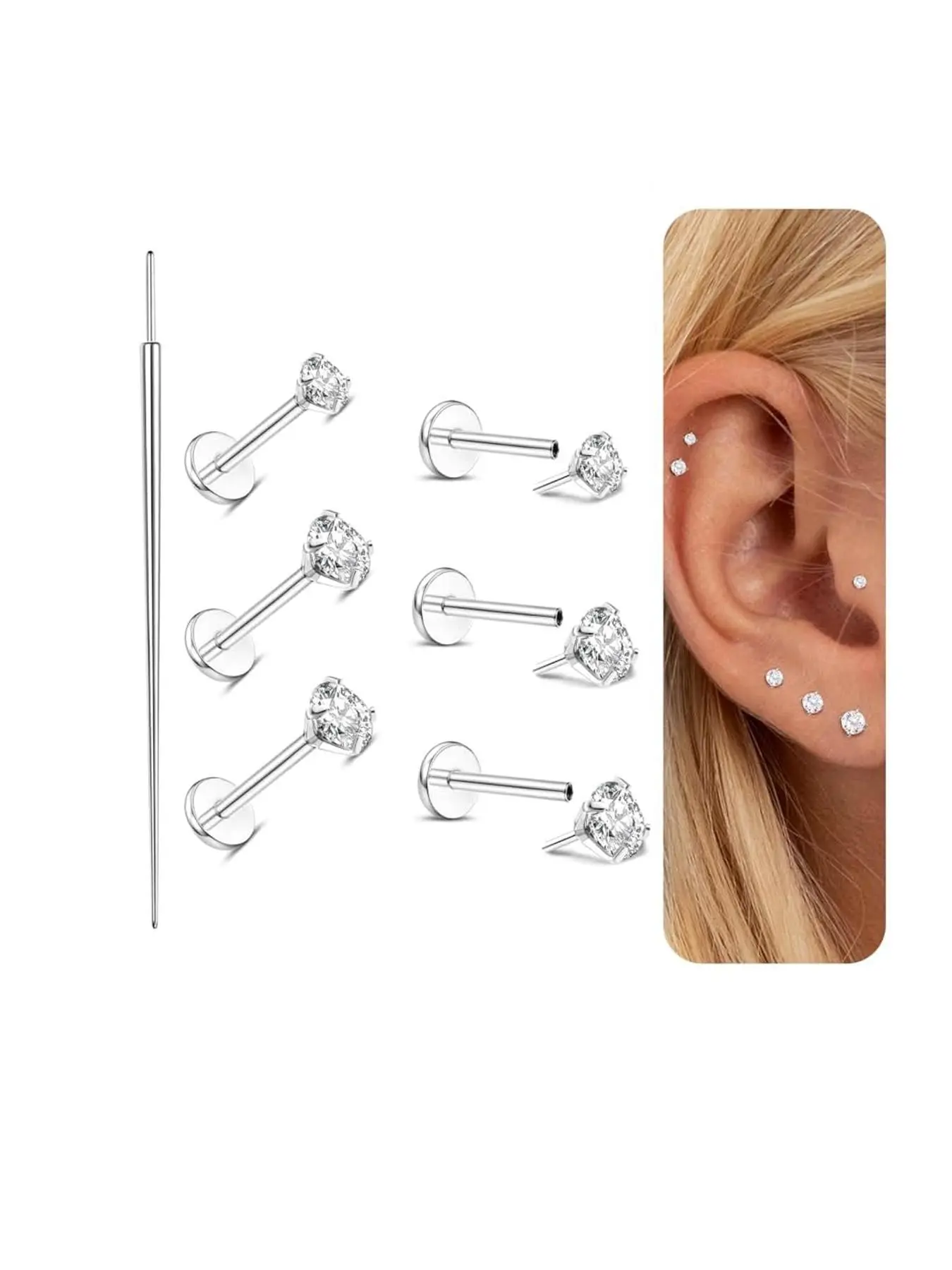 Threadless Flat Back Earrings, Flat Pierced Jewelry, Stainless Steel Nose Rings Studs, Labret Studs Lip Ring Push in Helix Tragus, Body Piercing Jewelry for Women & Men