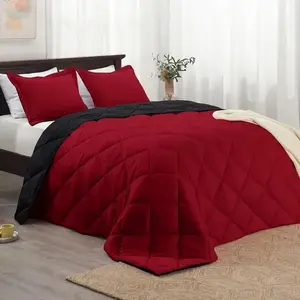 Reversible Comforter Set, All-Season Bed in a Bag Queen Size - 3-Piece Bedding Set with Comforter & Pillow Shams, Soft Microfiber, Red and Black Plaid Design, Cozy Lightweight Quilt for Bedroom or Guest Room