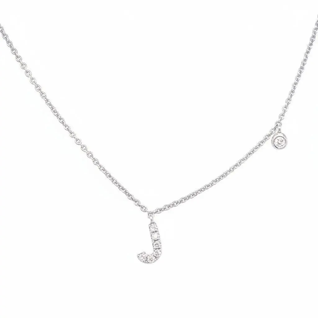 Initial Necklace Letter J with Diamond – 14k White Gold