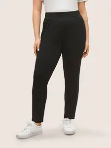 BLOOMCHIC Women's Plus Size Basic High-Waist Trousers - Nylon-Spandex Fabric, Elastic Waist, Medium Stretchy Pants, Slim Ankle-Length Bottom, Regular Fit [M-6X], 2026 Summer Pick, Black Pants, Casual Clothes Fit Womenswear
