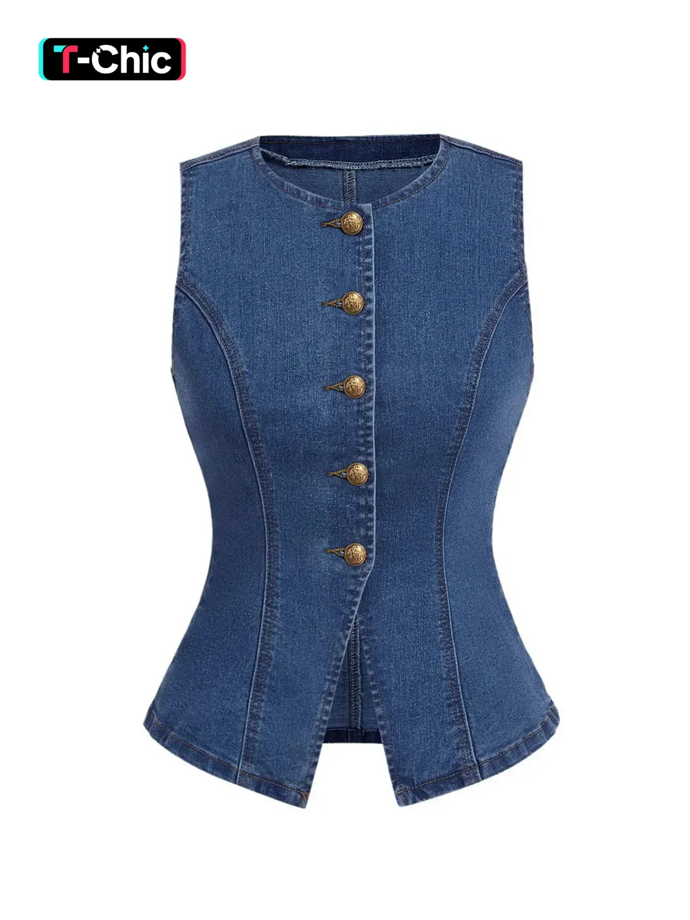 Women's Buttoned Denim Vest, Button Front Vest, Sleeveless Round Neck Backless Top, Fashion Versatile Casual Wear, Womenswear, Stylish Cute Daily Summer, Sleeveless Everyday, Fitted, Sleeveless Denim Gilet