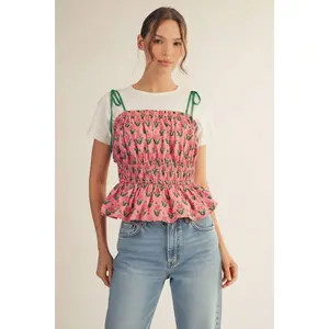 Jodifl Self Tie Strap Floral Print Smocked Waistline Peplum Top