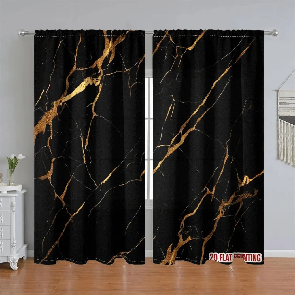 2Pcs 2-piece, marble pattern printed curtain panel, Home Decorative Curtain, black and gold style, pole pocket, semi sunshade polyester fiber, suitable for home living room, bedroom, balcony, kitchen decoration