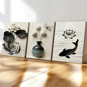 3-count wooden frame canvas, Wall decor set, Zen ink-wash lotus and koi three-piece decoration, wabi-sabi style decorative art, modern living room wall decoration, wall art painting, family poster, suitable for bedrooms, offices, waterproof