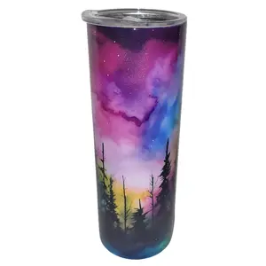 Watercolor Northern Lights 20oz Shimmer Skinny Tumbler with Reuseable Straw