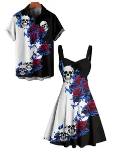 2025 Gothic Couple Outfit Women's Monochrome Flower Leaf Skulls Pattern Ruched Bust Sweetheart Neck Dress and Men's Button Up Shirt Holiday Matching Outfit