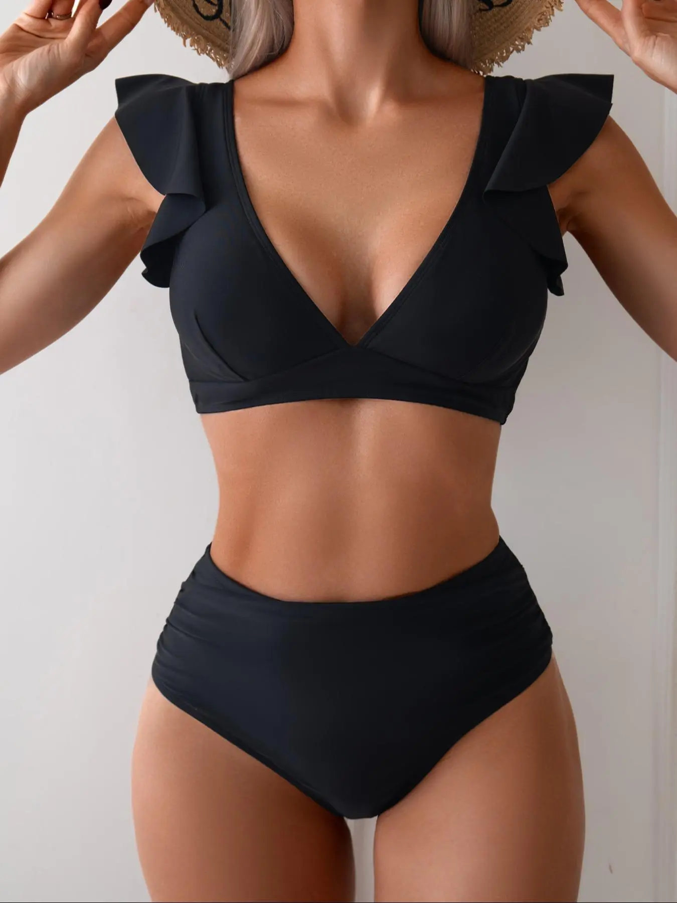 Women's Ruffle Sleeve High Waisted Swimsuit Style Bikini Tummy Control Sporty Tank Two Piece Bathing Suits Set High Waist Swimwear Beach Bikini Set Beachwear Swimsuits Bikini Swimsuits Bikinis Sets