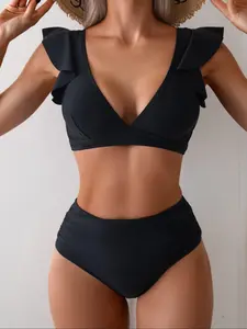 Women's Ruffle Sleeve High Waisted Swimsuit Style Bikini Tummy Control Sporty Tank Two Piece Bathing Suits Set