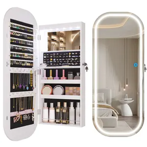 Vlsrka LED Mirror Jewelry Cabinet Wall Mount Over the Door Armoire Organizer with Rounded Mirror Storage Foldable Shelf Lockable 16 Wide Interior Lighted Mirror for Bedroom Furniture Organization