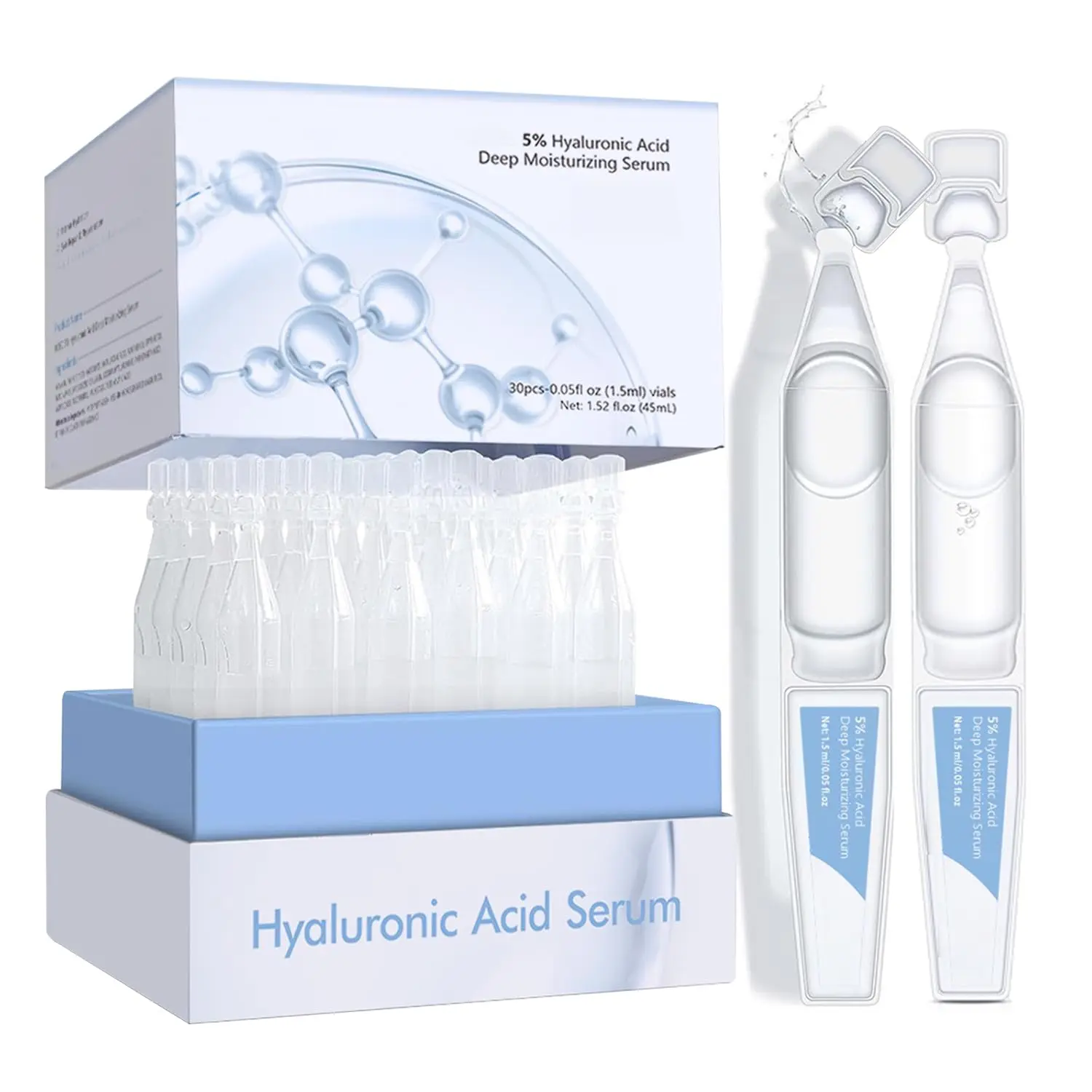 5% Hyaluronic Acid Facial Serum - Anti-Aging, Hydrating, Radiance-Boosting Repair Treatment for All Skin Types, 30 Pcs of 1.5ml Tubes for Soft Skin, Hydrate, Moisturizing