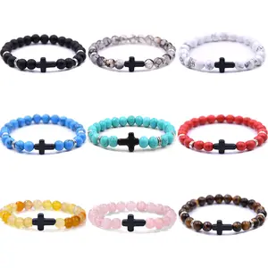 Cross Beads Bracelet for Men Women, 8MM Beaded Bracelets Couples Bracelets,Lava Rock Turquoise Tiger Eye Natural Bracelet Anxiety Stretch Elastic Healing Bracelet