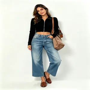 Women's Mid-Waisted High-Stretch Raw Hem Ankle Jeans - Streetwear Straight Wide Leg Denim Capris with Ankle Cutout, Pockets, Breathable Comfortable Fit, Womenswear Bottom