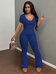 USBOUTIQUECHIC Women’s Slim Fit Two-Piece Set High-Stretch Brushed Knit Top & Pants, Summer Casual & Lounge Wear, Seamless Outfit