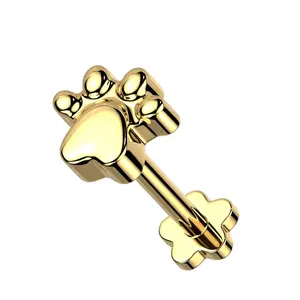 Paw Print Top Threadless Push-in Flower Flat Back Stud  - G23 Implant Grade Titanium