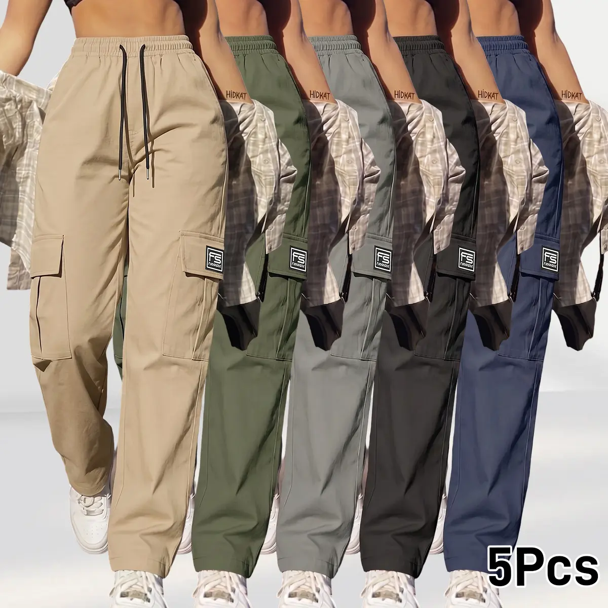 Set of 5 women’s casual cargo pants: loose, relaxed wide-leg harem pants with pockets for beachwear; vacation summer women’s clothing; quick-drying, lightweight hiking/travel/running comfort pants with pockets; summer style; women’s casual loose high-wais