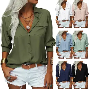 Imily Bela Womens Solid Lapel Long Sleeves Button Down Shirt Top Casual Basic Office Blouse