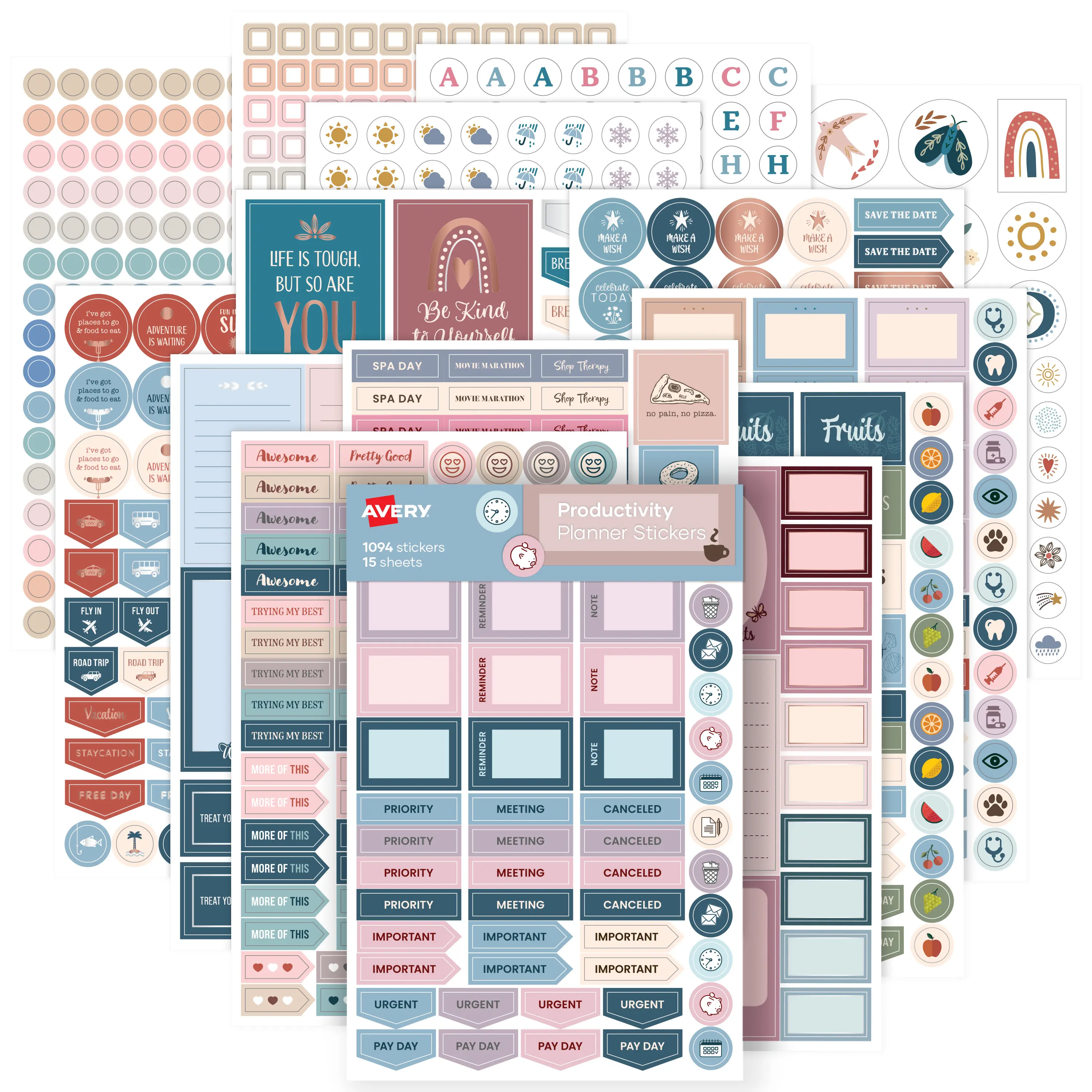 Avery Productivity Planner Sticker Pack with Calendar Stickers, Bullet Journaling Stickers, and Productivity Stickers for To-Dos, Meetings, Budget, and more, 15 Sheets, 1,094 Planner Stickers (6777)
