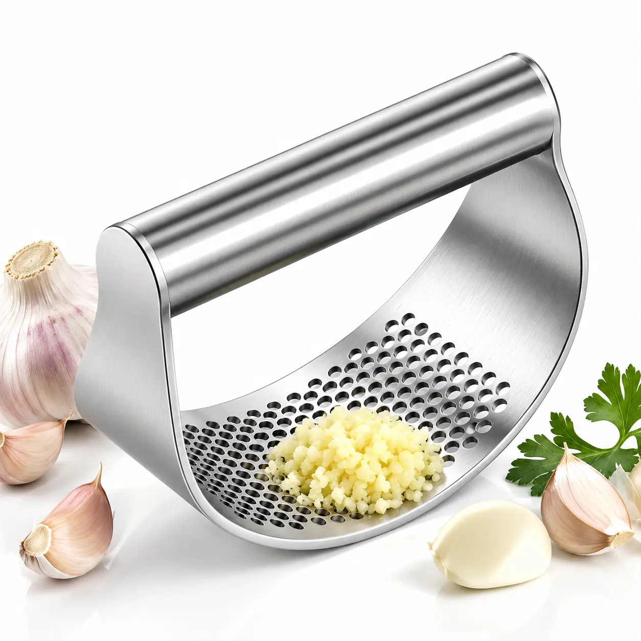 1PC Anti-Rust Stainless Steel Manual Garlic Press - Ergonomic Handle, Durable Manual Tool, Easy Clean, Compact Storage Kitchen Gadget for Home Cooking Meal Prep