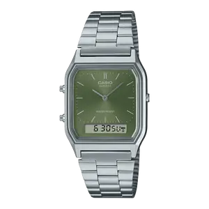 Casio Watch AQ230A, Quartz Analog Digital Watch, Dual Time Unisex Retro Design, Minimalist Green Dial, Stainless Steel Band, Water Resistant, Analog-Digital Display, Classic Vintage Style