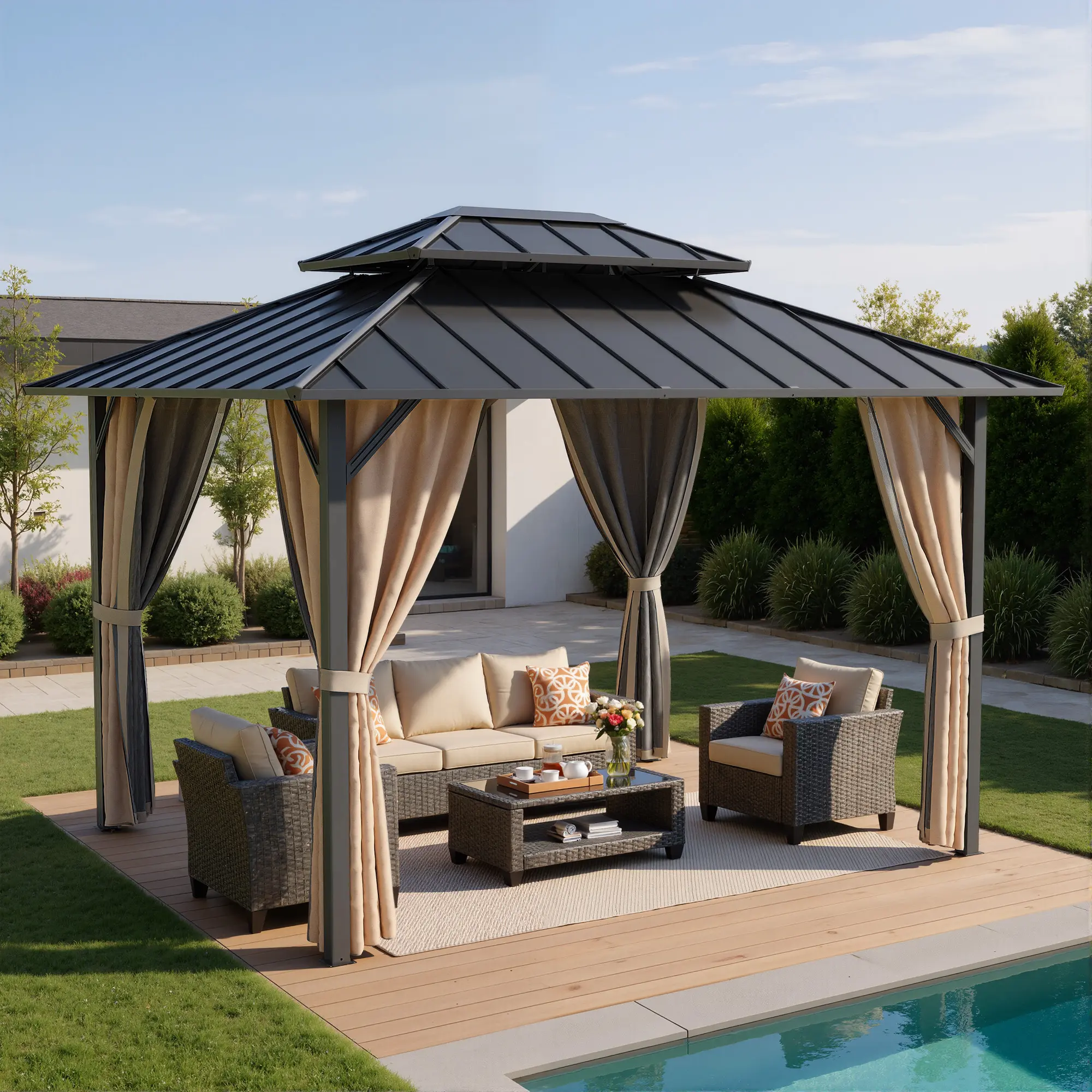 【Summerfinds】OVIOS 12' x 10' Hardtop Gazebo, Permanent Aluminum Frame Outdoor Gazebo with Galvanized Steel Double Roof, Curtains & Netting for Patio, Backyard, Garden & Poolside