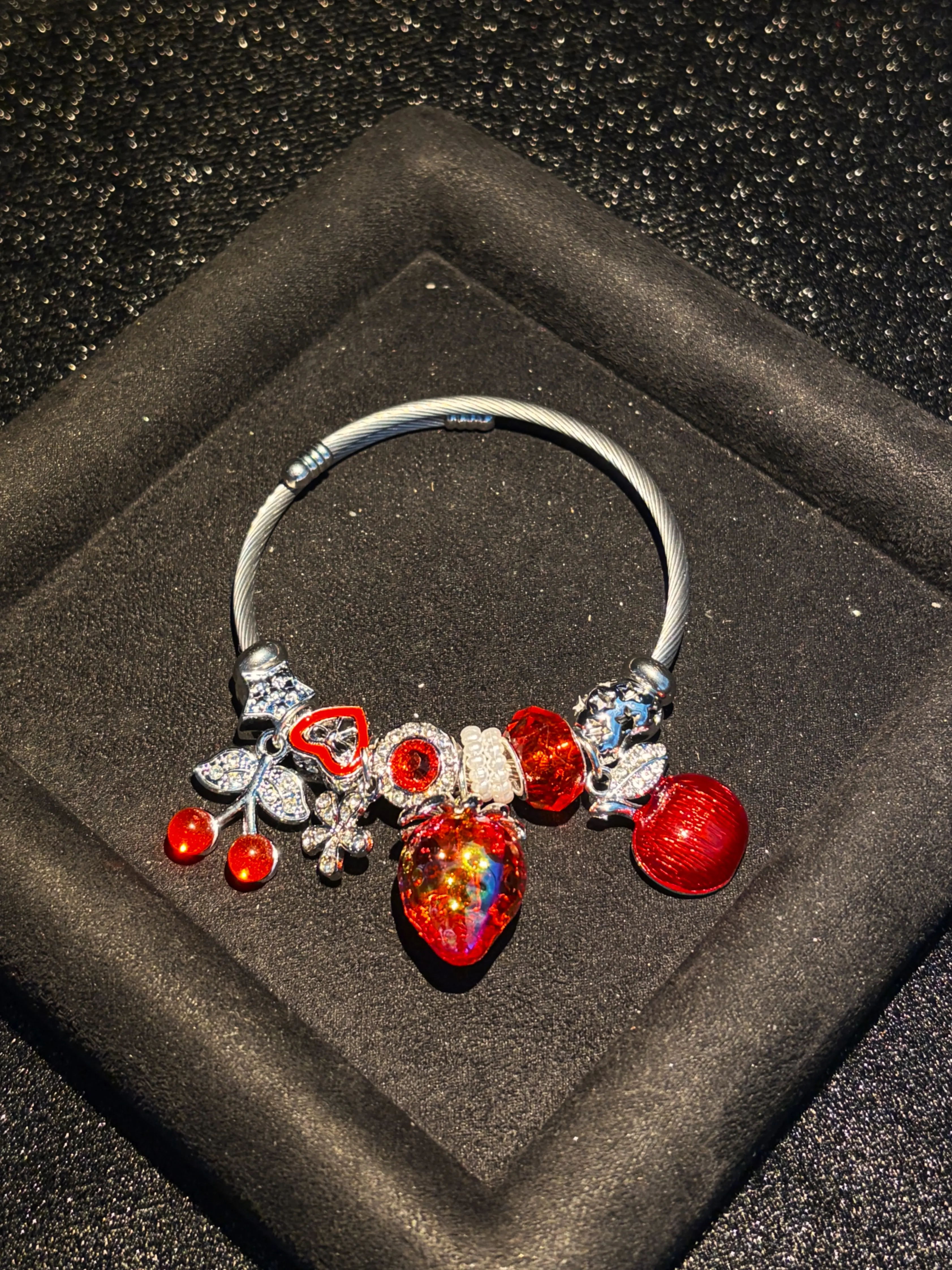 Women's Hypoallergenic Silver-Tone Adjustable Wire Cuff Bangle, Open Cuff with Strawberry Apple Cherry Heart Fruit Charms, Elegant Daily-Wear Fashion Jewelry Gift