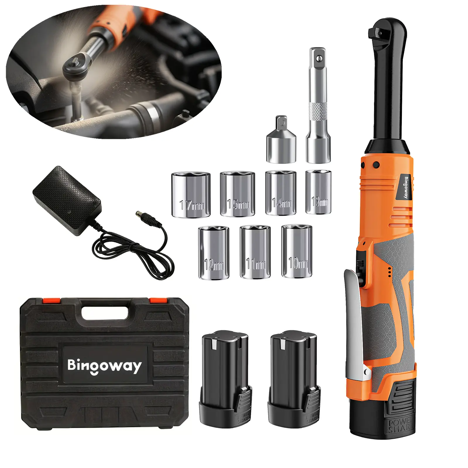 Bingoway 3/8" Extended Long Neck Grip Cordless Electric Ratchet Wrench Set (61N.m/45ft-lbs), 16V 2x2000mAh Batteries, LED Lights, 9 Sockets Kit, Variable Speed, Toolbox, Car Tools for Car Repair, Housework, Family Gift