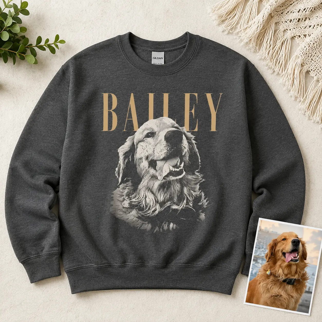 Custom Pet Portrait Sweatshirt, Personalized Dog Photo Crewneck, Vintage Name Graphic, Pet Lover Gift