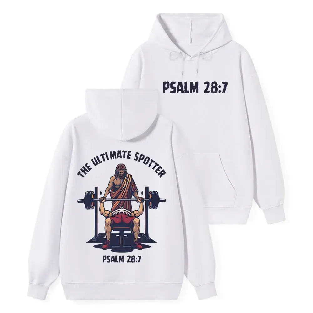 Fitness Faith Graphic Hoodie “The Ultimate Spotter” Bench Press Jesus Oversized Pullover Hoodie Workout Christian Streetwear Hoodie Psalm 28:7 Gym Lifting Graphic Long Sleeve Casual Hoodie