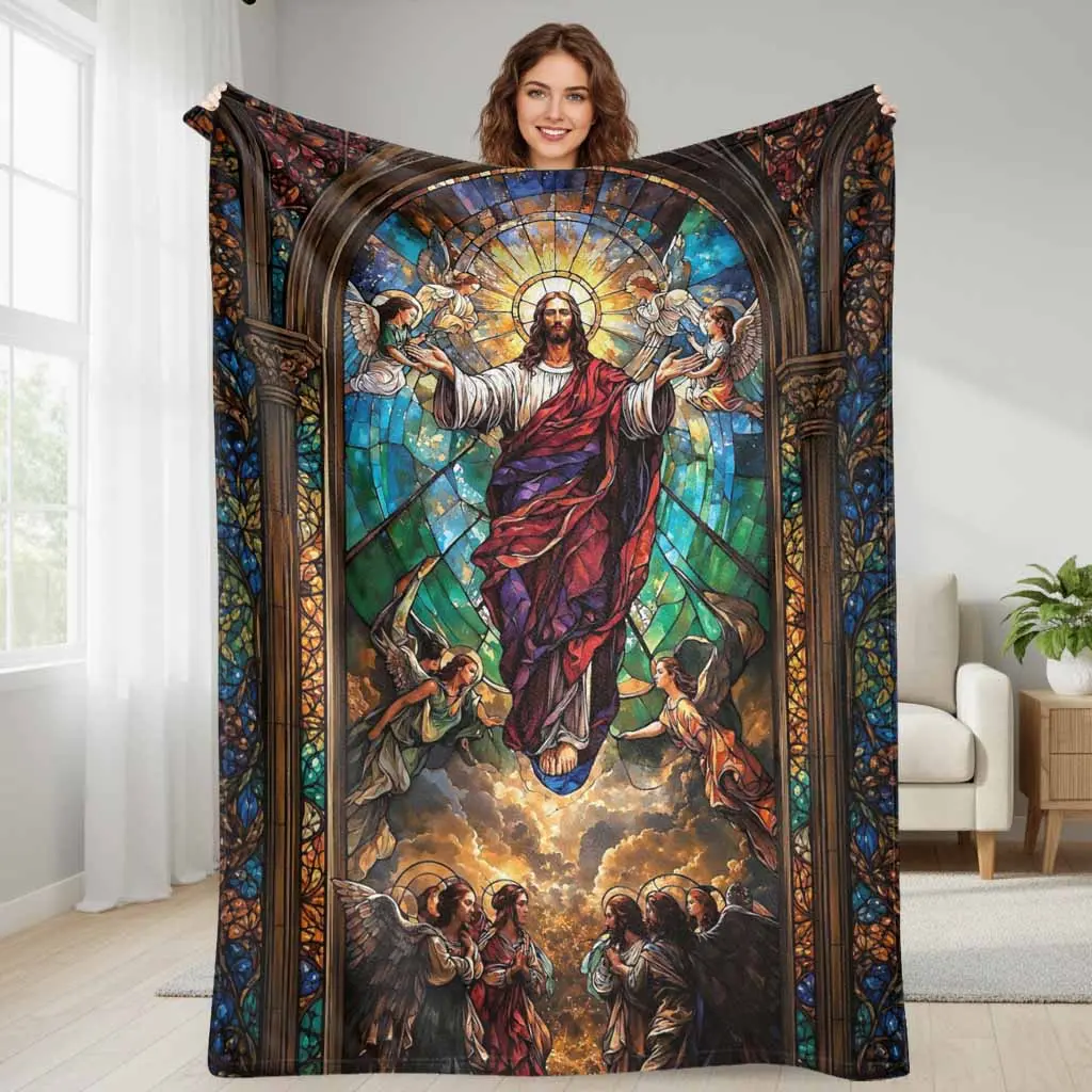 Jesus Stained Glass Flannel Blanket - Flannel Fabric, Multi-Size, Plush Texture, Religious Art Pattern, Super Soft Lightweight Throw Blanket for Prayer Room, Church Holiday Gift, One-Piece