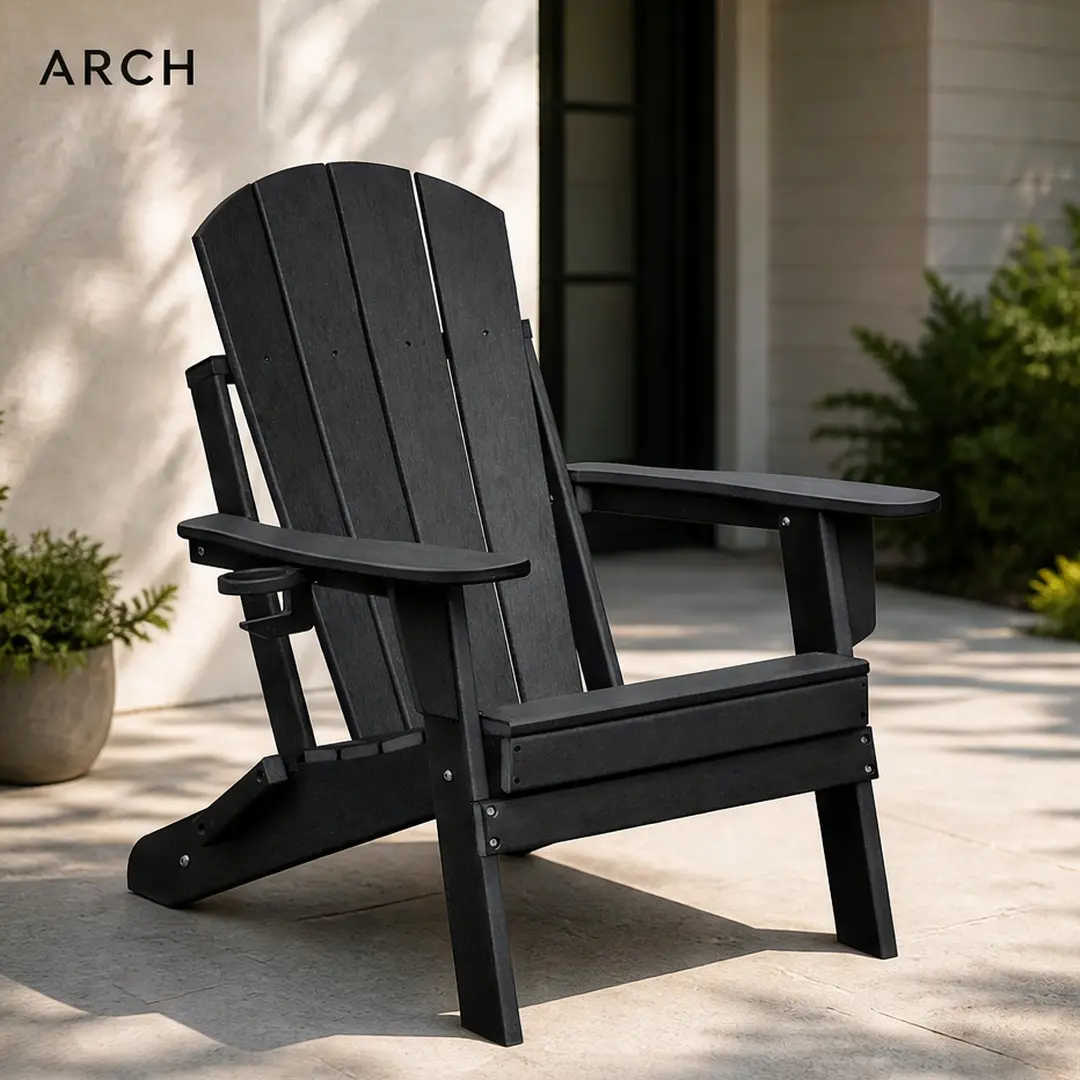ARCH Folding Outdoor Adirondack Chair HDPE All-Weather Fire Pit Chair Ergonomic Patio Lawn Chair for Deck Garden Backyard Balcony Black UV Resistant Foldable Stackable Heavy Duty 35 lb Capacity, Black Color Options, HDPE Material, Beach/Modern Style