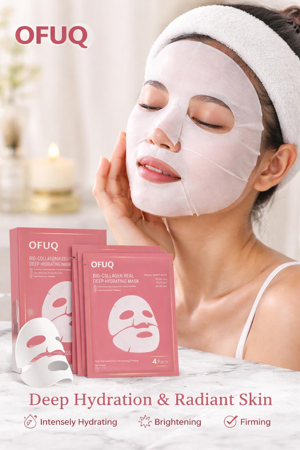 OFUQ 4-Pack Bio-Collagen Real Deep Hydration Overnight 32-gr Face Mask Intensive Moisturizing & Firming Collagen Mask For All Skin Types Moisturizer
