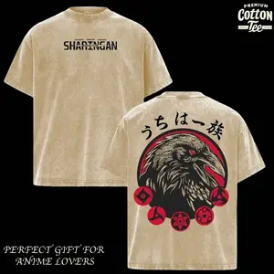 Uchiha Sharingan Premium Cotton Tee, Anime Graphic Shirt, Vintage Washed Oversized T-Shirt, Mangekyo Eye Streetwear, Heavy Cotton Unisex Outfit 9QU