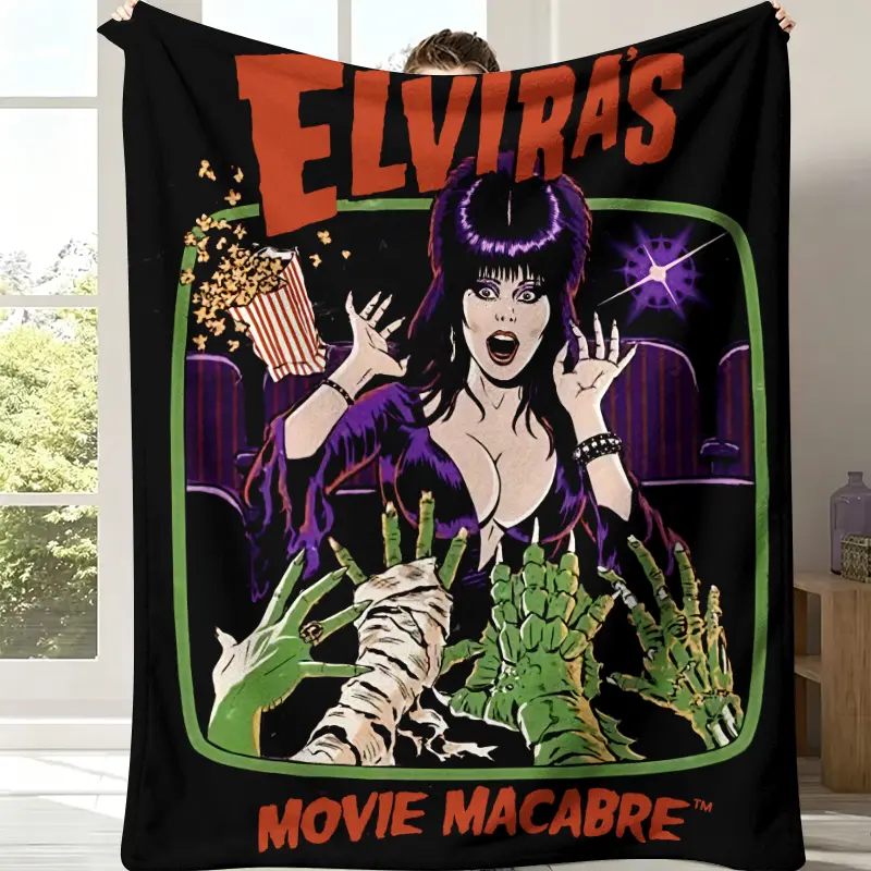 Elvira's Movie Macabre Flannel Throw Blanket - Flannel Fabric, Black Background, Retro Host Elvira Cartoon Print, Theater Popcorn, Mummy Monster Hands, Soft Fleece, Retro Glam Gothic Man Cave Living Room Decor, Classic Fan All-Season Gift