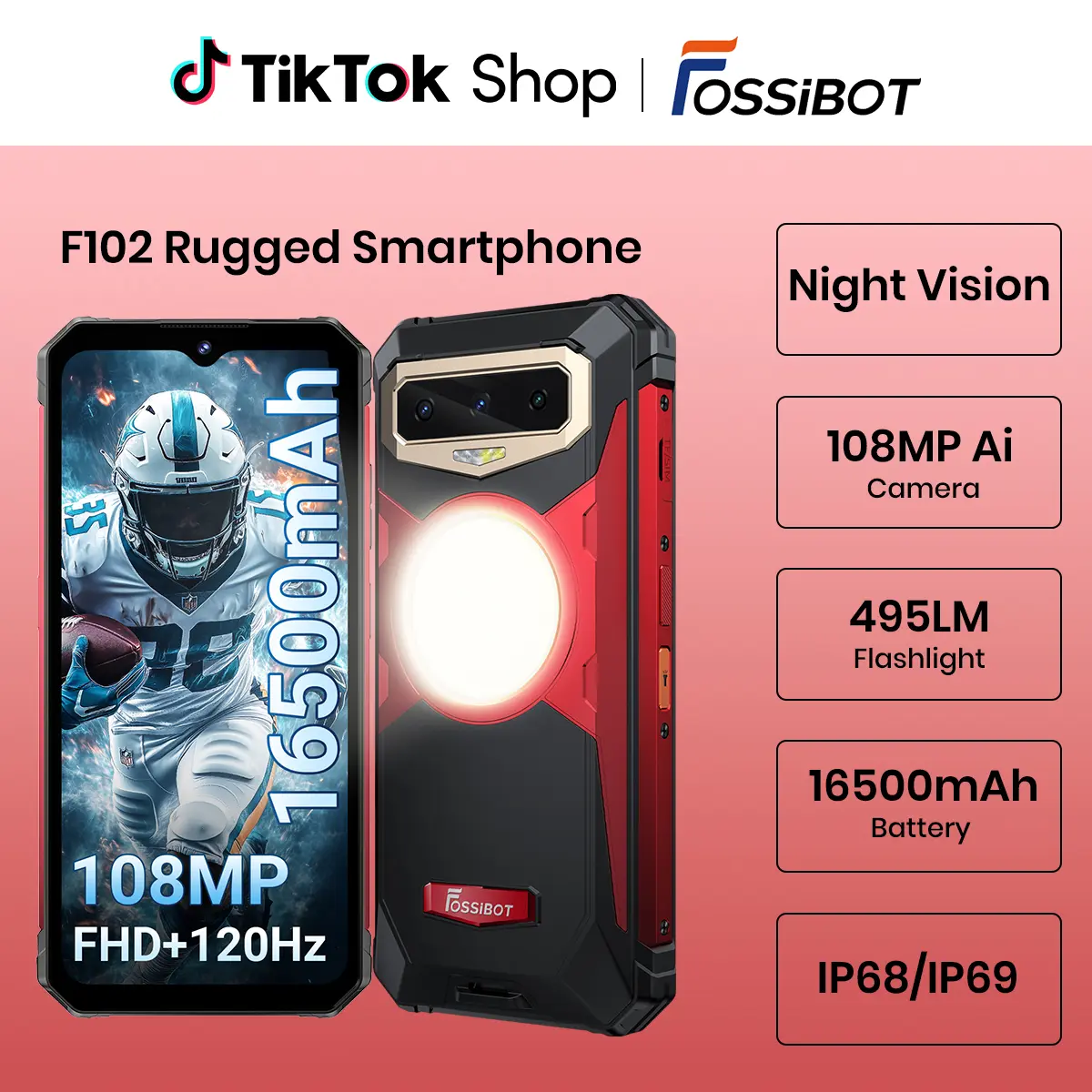 FOSSIBOT F102 Rugged Phone Unlocked, 20GB+256GB Phones | 108MP+20MP Night Vsion, 16500mAh/33W Battery, 6.58" FHD+120Hz Display,512LM Camping Light IP68/IP69K Smartphone